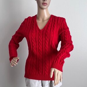 Lauren Ralph Lauren Red Cable-Knit V-Neck Sweater size L